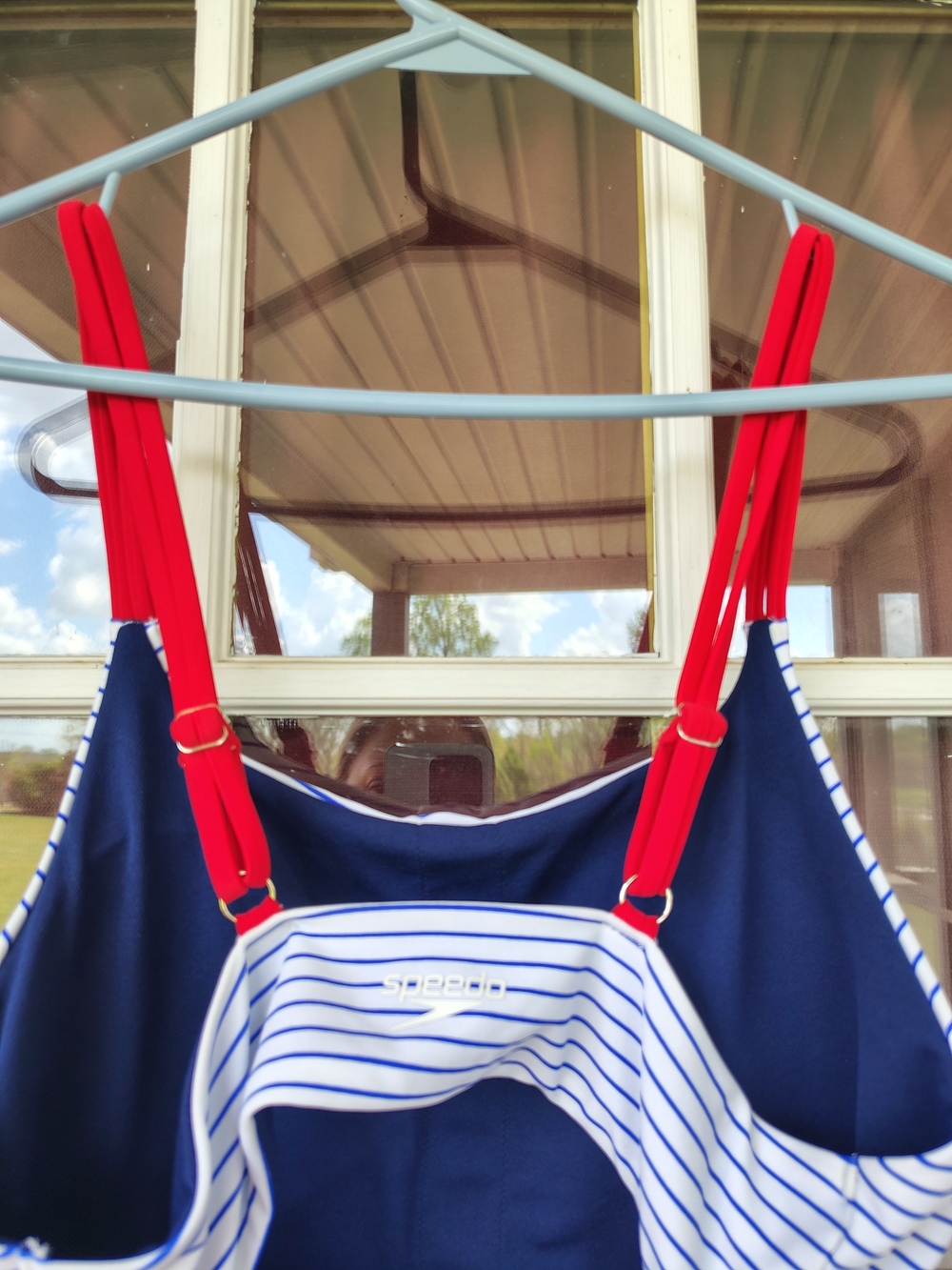 Women's SPEEDO Navy Stripe One-Piece Swimsuit with Red Straps - Picture 4 of 5